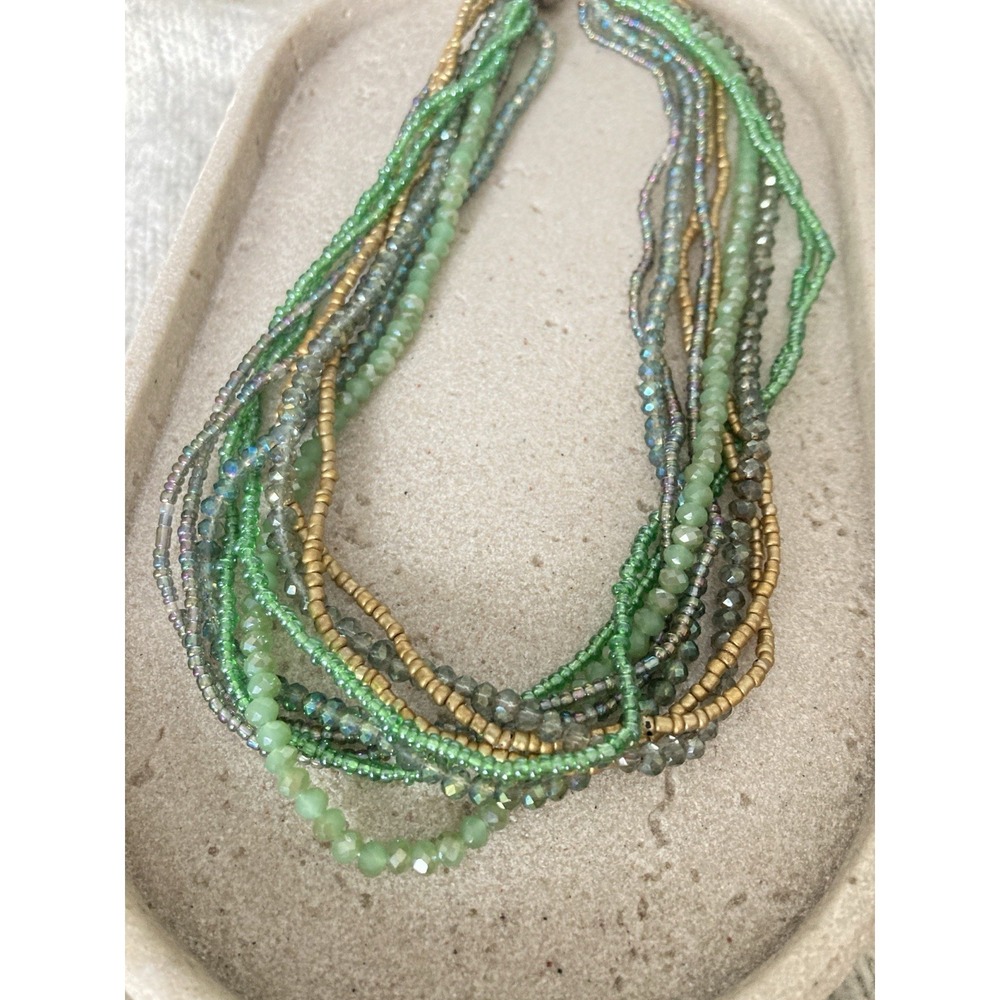 Green Iridescent Multi Strand Necklace Seed Bead Gold Tone Accent Artsy Collar